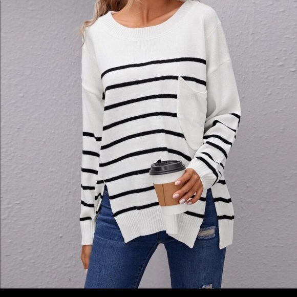 Drop Shoulder Slit Hem Striped Sweater - Picture 3 of 5